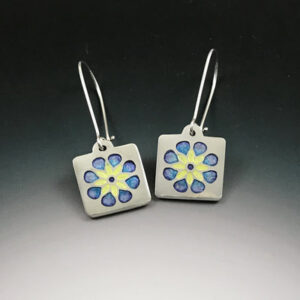 Silver blue enamel flower mandala earrings