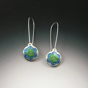 Silver blue and green enamel mandala earrings