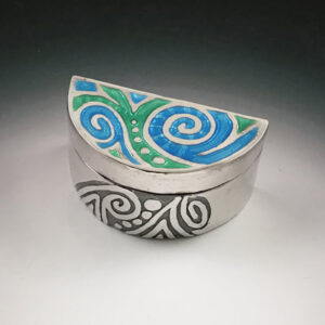 Silver box with blue and green enamel design