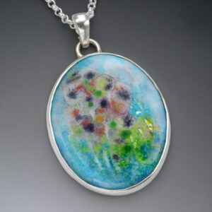 Silver necklace with abstract enamel flower design