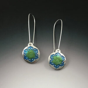 Silver blue and green enamel flower mandala earrings