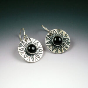 Silver circle earrings with mandala design and onyx center